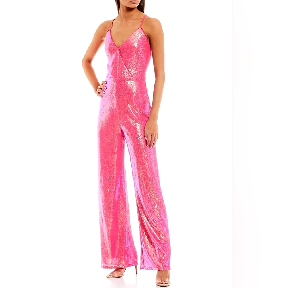 GBSleeveless V-Neck Lace-Up-Back Sequin-Embellished Hot Pink Jumpsuit